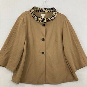 Chicos Swing Jacket Coat Size XL/3  Tan Leopard Print Faux Fur Collar Button